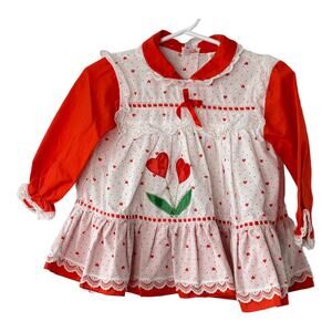 Vintage Cradle Togs Red & White HEART Print Lace Trim Dress Girls 18 Months